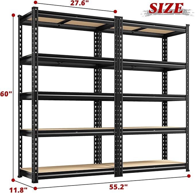 REIBII Set of 2 Storage Shelves 5 Tier Garage Shelving Heavy Duty Metal Shelving 2000LBS Garage Shelves Adjustable Metal Shelf for Kitchen Warehouse Pantry Commercial Use 27.6" Wx11.8 Dx60 H