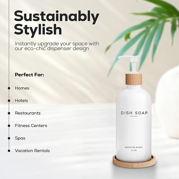White Glass Dish Soap Dispenser for Kitchen Sink by Brighter Barns - Kitchen Soap Dispenser Set with Tray - Bamboo Pump Bottle - Neutral Minimalist Home Decor in RV, Office, Home, Airbnb, Gift (White)