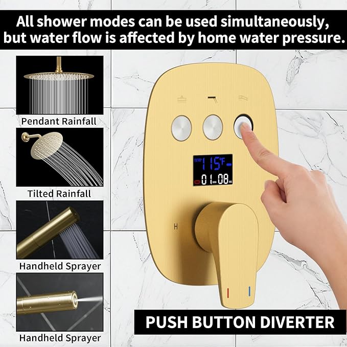 12Inch Brushed Gold Ceiling Shower System & 8Inch Wall-Mount Shower Faucet Set, 2 in 1 Handheld with Adjustable Slide Bar Included Temperature Display Valve and Trim Kit Can Work At Once