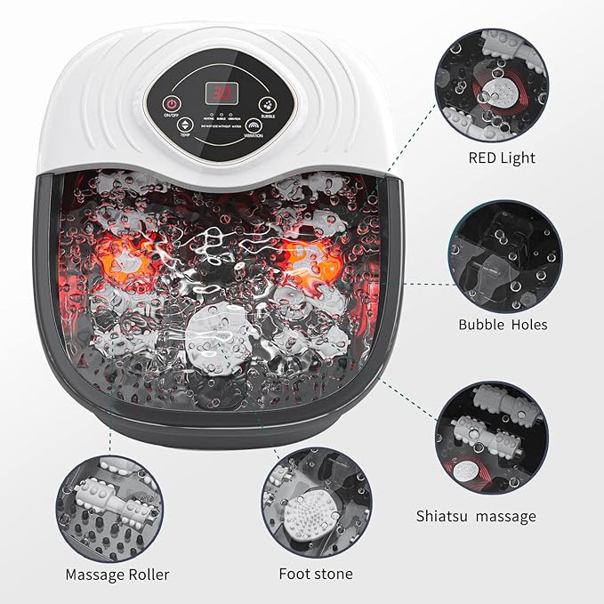 Foot Spa,Foot Bath Massager with Tea Tree Oil Foot Soak with Epsom Salt - with Heat, Bubbles and Vibration,Red Light,Medicine Box Digital Temperature Control 8 Acupressure Massage Points