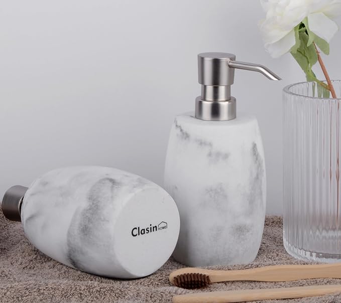 Resin Soap Dispenser Set 2, Refillable Hand Soap Dispenser with White Marble Look and Metallic Pump, Kitchen, Bathroom, Waterproof Labels (12 Oz)