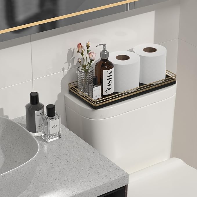 Oak Bathroom Toilet Tank Tray, 13" Paper Storage Basket Tray Back of Toilet Basket Organizer, for Perfume Makeup Candle Kitchen Counter Coffee Table Gold Decor