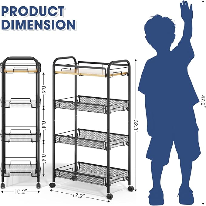 TOOLF 4-Tier Rolling Cart, Metal Utility Cart, Slide Out Storage Cart with Wooden Tabletop and Mesh Baskets, Easy Assemble Trolley for Kitchen Bathroom Laundry Room Bedroom Apartments Dormitory