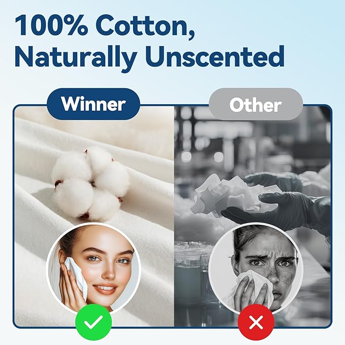 Winner Soft Face Towels, 100% USDA Biobased Facial Towels, Unscented Cotton Tissues for Sensitive Skin, OEKO-TEX Certified Face Towelettes Disposable, Makeup Remover Dry Wipes, 600 Ct, Pack of 6