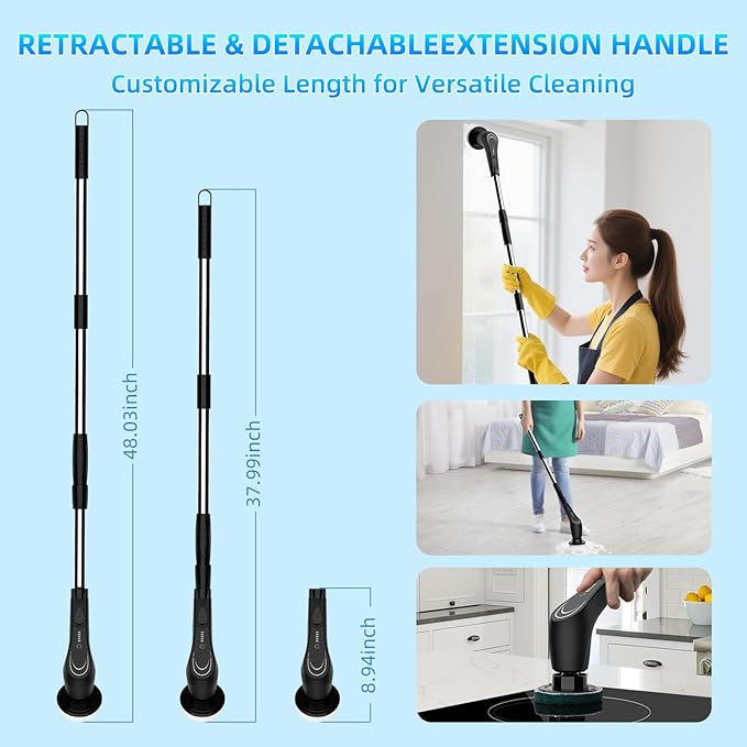 Black Electric Spin Scrubber, Cordless Spin Scrubber with 8 Replaceable Brush Heads, Electric Scrub Brush with Adjustable Extension Handle, Electric Cleaning Brush for Bathroom, Tile and Bathtub