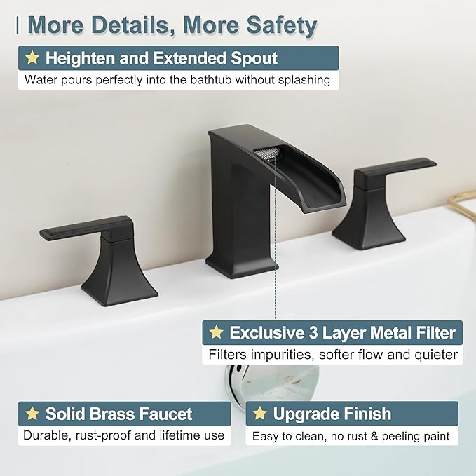 Brass High Flow Roman Bathtub Faucet Black Tub Faucet, Waterfall Bath Tub Faucet Set 3 Hole, Widespread Bathtub Faucets Deck Mount Bath Tub Faucets with 2 Knob, Pre-Installed Water Hose