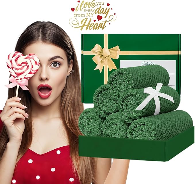 VOOVA & MOVAS Green Washcloths, 6PC Hand Towels 13" x13" - 100% Cotton | Thick | Quick Dry | Lightweight, Wash Cloths for Your Face, Bathroom Essentials, Hunter Green