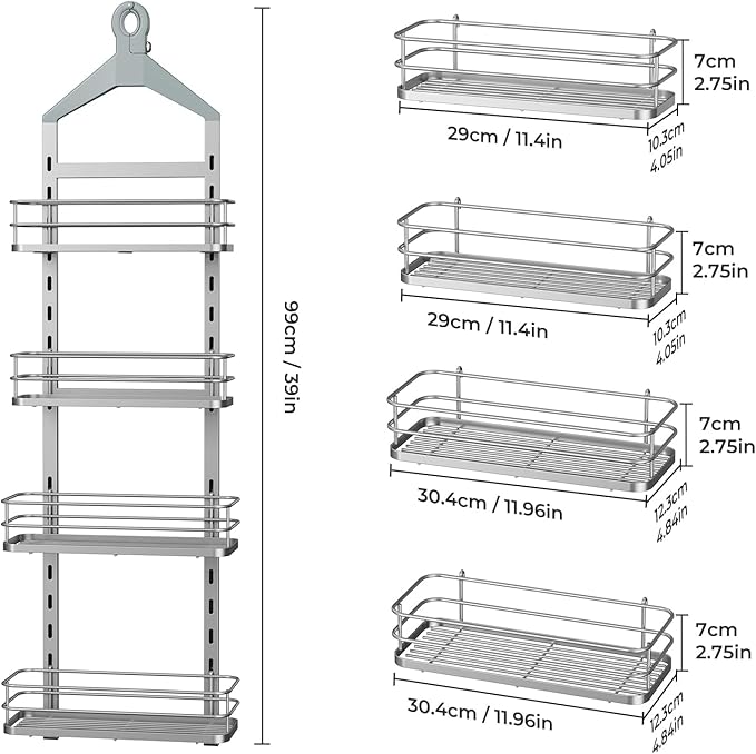 ODesign 4 Tier Height-Adjustable Shower Caddy Hanging Anti-Swing-Over The Shower Head Caddy- Storage Organizer Bathroom Shelves Basket Caddies-Silver