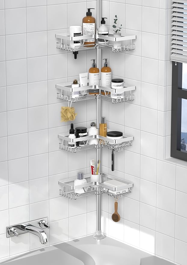 4-Tier Shower Caddy/Shower Organizer - Corner Standing Tension Pole Adjustable 25-114.2 inches Built in 2 Soap Holder Rustproof Silver Finish