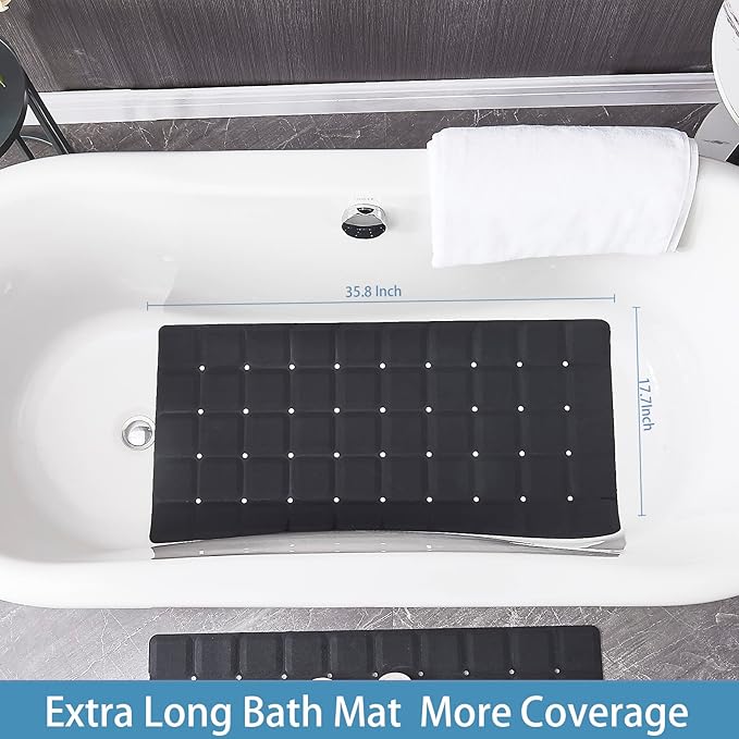 Foldable Silicone Bathtub Mat: Jumbo Size Heavy Duty Safety Bath Mat for Tub Without Suction Cups Non Slip Bath & Shower Mat for Textured, Reglazed, Refinished Tub (Black, 35.8 x 17.7)