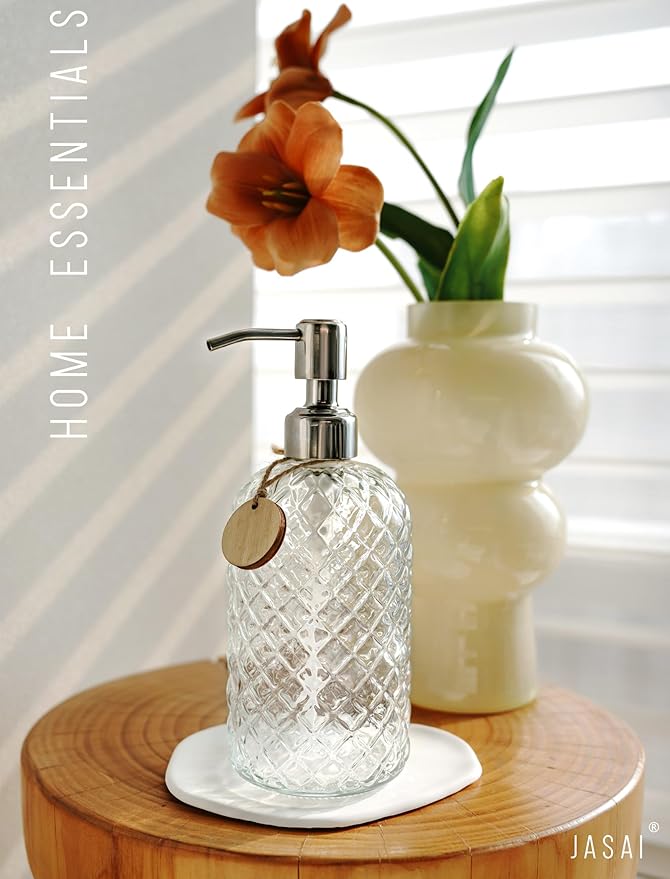 JASAI 18Oz Gem Patterned Clear Glass Soap Dispenser with Rust Proof Pump, Refillable Hand soap Dispenser for Kitchen, Premium Bathroom Soap Dispenser for Dish Soap, Hand soap, Lotion(Clear).