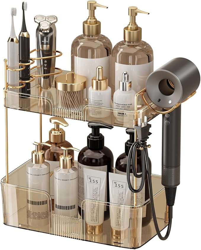 2 Tier Gold Bathroom Counter Organizer with Hair Dryer Holder, Skincare & Makeup Organizer, Cosmetics Shelf for Vanity Tray