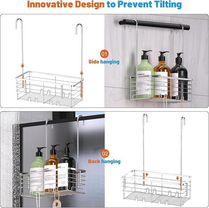YUOROS Shower Caddy Hanging, Over the Door Shower Organizer Rack 304 Stainless Steel Rustproof (Silver)