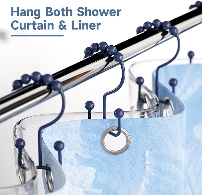 Titanker Shower Curtain Hooks Rings, Rust-Resistant Metal Double Glide Shower Hooks for Bathroom Shower Rods Curtains, Set of 12 Hooks - Navy Blue