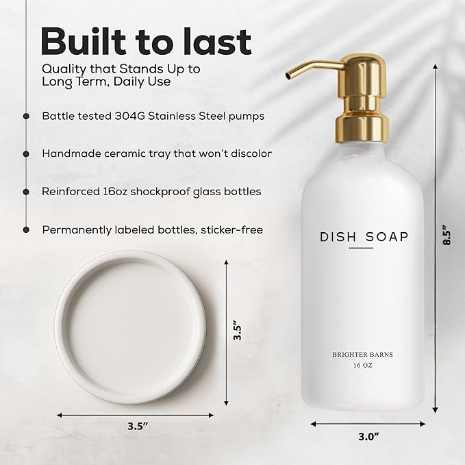 Luxury Glass Dish Soap Dispenser for Kitchen Sink by Brighter Barns - Modern Kitchen Soap Dispenser Set - Refillable Glass Pump Bottle and Tray - White and Gold Home Decor and Accessories, Gift (Gold)