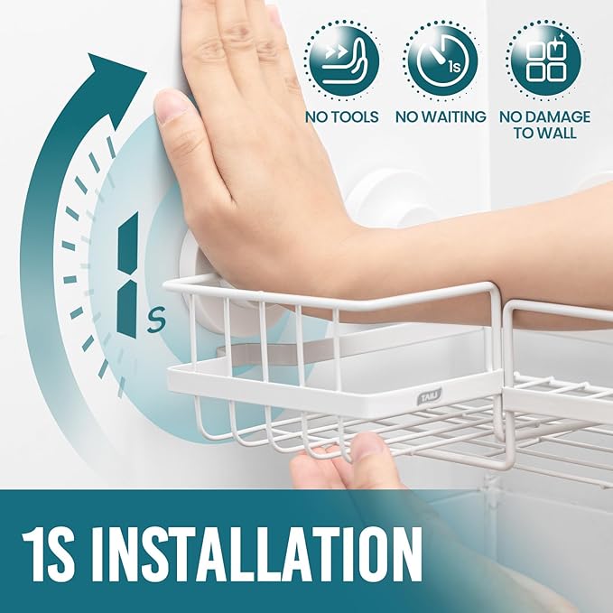 TAILI Corner-adaptive Suction Cup Shower Caddy 2 Pack, Stainless Steel Rustproof Corner Shower Shelves, Drill-Free Wall Mounted Baskets, Large Capacity Removable Suction Cup Bathroom Organizer, White