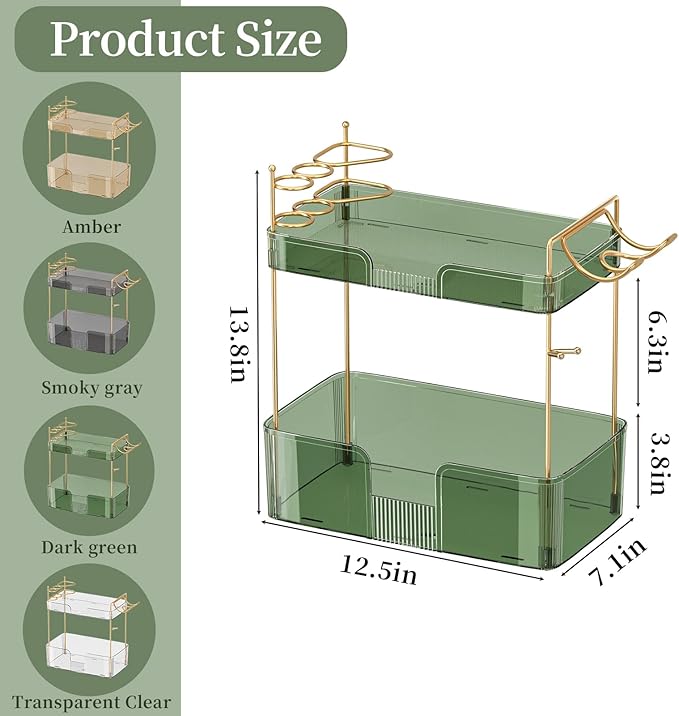 2 Tier Bathroom Counter Organizer with Hair Dryer Holder, Modern Style, Countertop Mount, 2 Shelves, Green