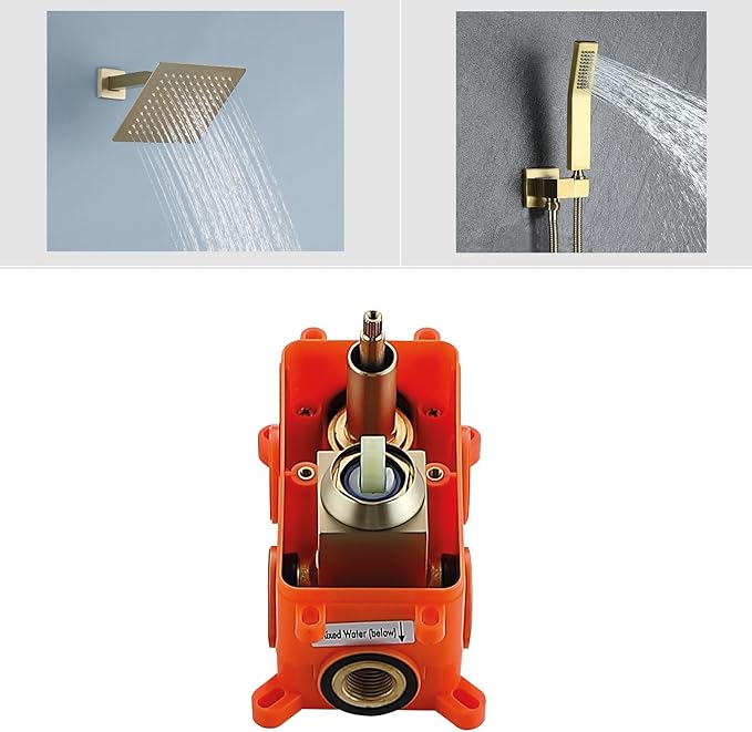 JOYWELL Shower Faucet Brushed Gold Shower System 8 Inches Rain Shower and Handheld Shower Combo,2-Function Shower Fixtures Included Shower Trim Kit