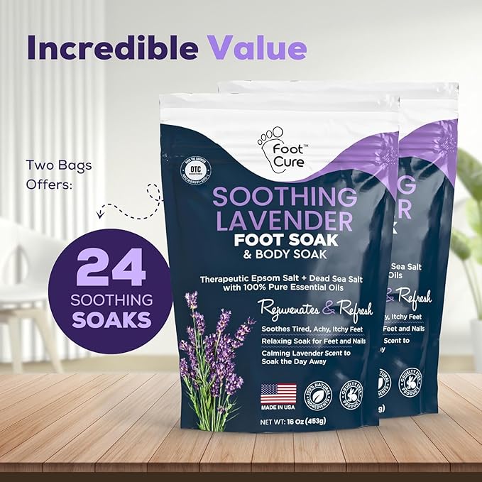 FOOT CURE Soothing Lavender Foot Soak - Pedicure Foot Spa with Epson Salts for Soaking Feet - Foot Massager Spa - Foot Scrubber Dead Skin Remover - Epsom Salt Bath Soak (Pack of 2)