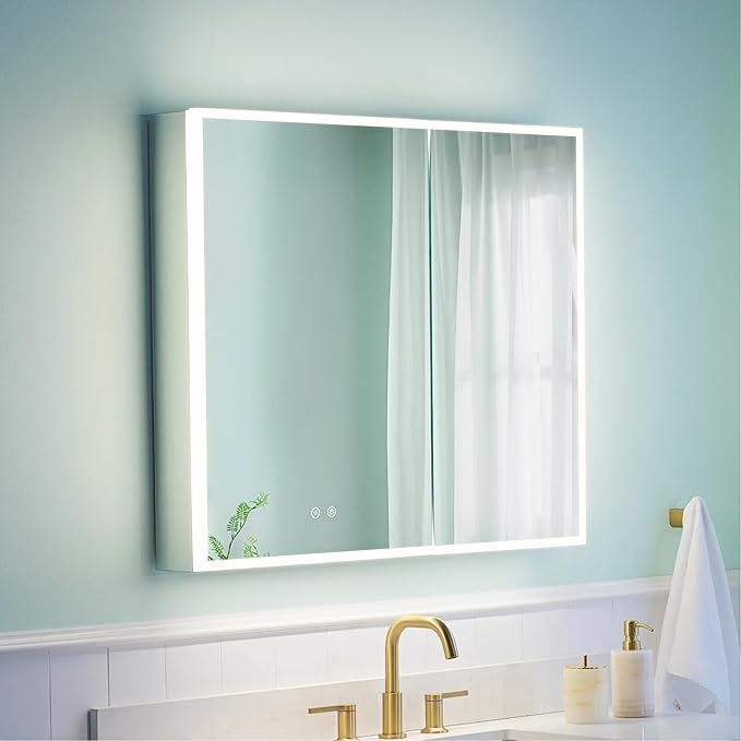 WELLFOR 36" X 30" Medicine Cabinet with Lights, 3X Magnification, Anti-Fog Mirrored Cabinet, Double Doors with Mirror, Bathroom Vanity Medicine Cabinet with Outlets & USB Ports