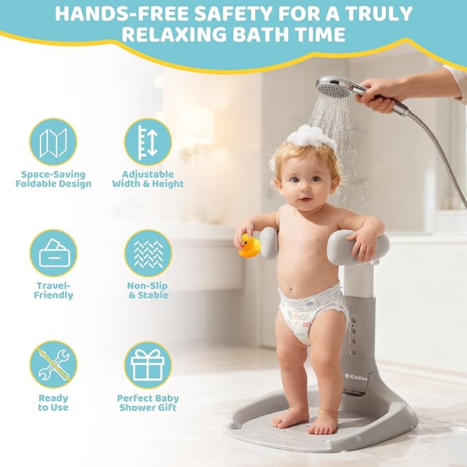 Foldable Baby Shower Standing Support for Toddlers & Infants 8-36 Months, No Setup Anti-Slip Bath Stand Holder, Adjustable Height, Portable Travel & Storage, Easy Clean - 4our Kiddies(Grey)