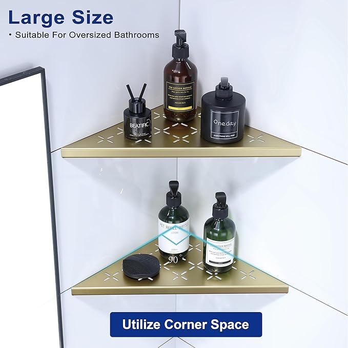 12" Corner Shower Shelf, 2-Pack Shower Shelves SUS304 Stainless Steel Bathroom Shelves for Tile Walls, Recessed Corner Shelf Organizer Rack, No Drilling (Brushed Gold)