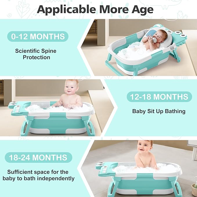 Collapsible Baby Bathtub for Newborn with Thermometer & 1 Soft Floating Cushion & Drain Hole, Foldable & Portable Travel Baby Bath Tub for Newborns to Toddlers 0-36 Months Boys, Cyan