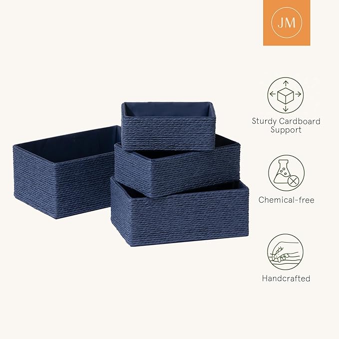 LA JOLIE MUSE Storage Baskets for Organizing - Set of 4 Sturdy Woven Paper Rope Decorative, Stackable Wicker Baskets for Makeup Closet, Bathroom, Bedroom (Navy Blue)