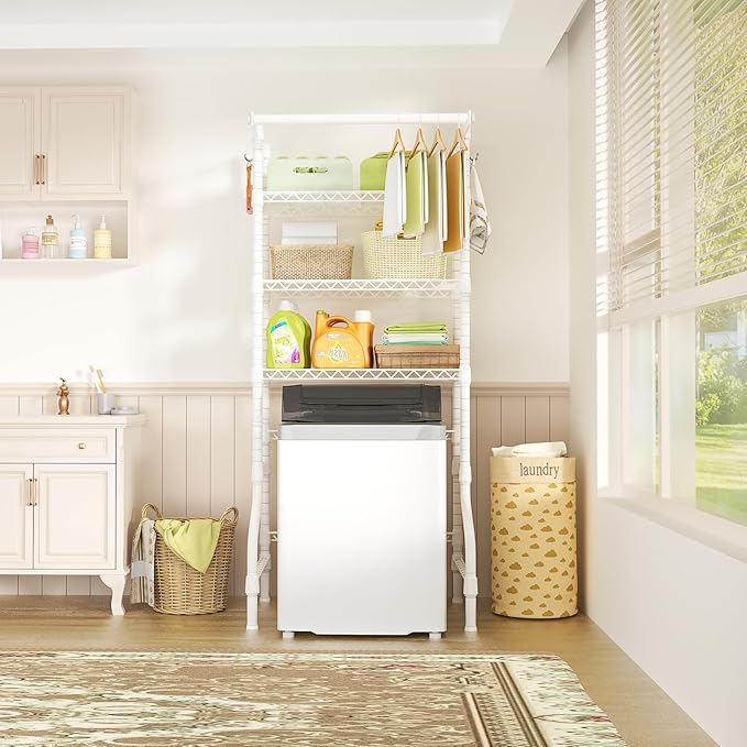 Ulif U11 Medium Over Washer and Dryer Shelves, 3 Tiers Laundry Room Storage and Organizer Standing Shelf, Metal Freestanding Clothes Drying Rack, 31.1”W x 19.7”D x 77.6”H, White
