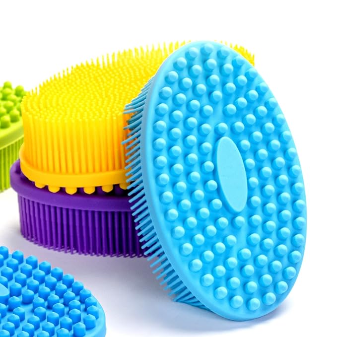 Premium Sensory Brush for Kids or Autism,Soft Silicone Body Scrubber,2 in 1 Sensory Room Occupational Therapy Sensory Brushes,Silicone Loofah,Pets Shower Brush Bath Brush Shampoo Brush(Big Oval-Blue)