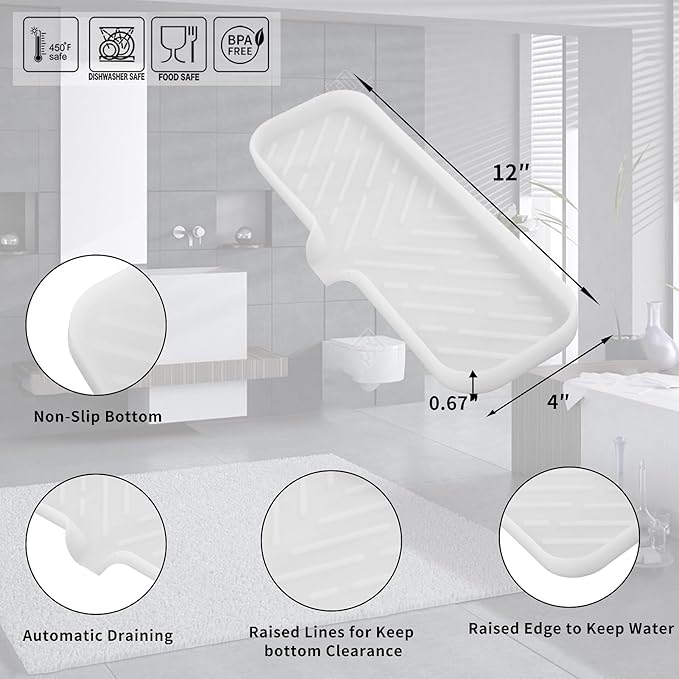 Silicone Bathroom Soap Dishes with Drain Spout-Bathroom and Kitchen Sink Organizer,Sponge Holder,Dish Soap Tray,Perfect for Dispenser,Scrubber,Bottle,Cup on Sink or Counter-Translucent 12"×4"