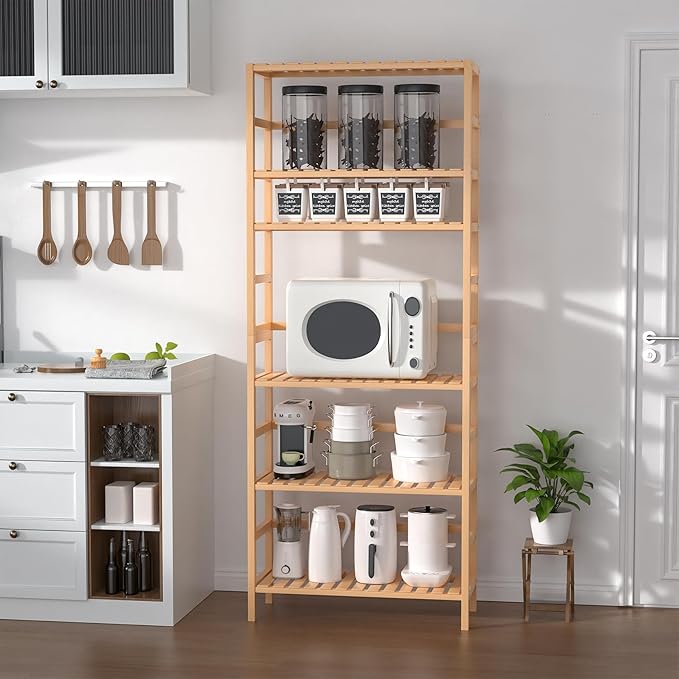 VASMIA 6-Tier Bamboo Shelf,Bamboo Storage Shelving Unit,Tall Bookcase with Adjustable Shelves,Multipurpose Storage Display Shelf for Bathroom, Living