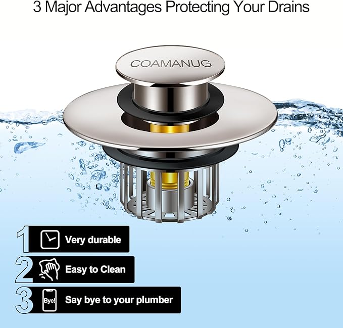 Bathtub Stopper | Pop-up Tub Stopper with Strainer, Shower Drain Hair Catcher | Bathroom Drain Plug | Drain Protector for 1-1/2 to 1-3/4" Bath Drain Hole