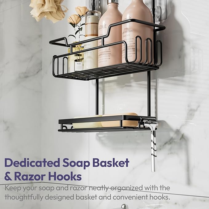 SWTYMIKI Bathroom Shower Caddy Hanging - 3 Tier Rustproof Over Shower Head Organizer, No Drilling Bathroom Shelf with 16 Hooks & Soap Holder, Anti-Swing Rack for Shampoo,Sponge,Towel, Black, Medium