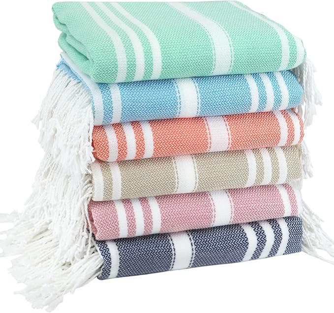6 Pack Cotton Turkish Beach Towel Lightweight Thin Travel Vacation Essentials Oversized XL Towels Set for Pool Swim Bath Camping Cruise Accessories Must Haves Absorbent Quick Dry Sand Proof Gifts