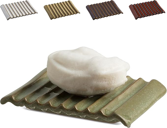 Soap Dish, Ceramic Soap Holder Bar Soap Saver Non-Slip Bathroom Accessories for Sponges, Scrubber, Razor, Green