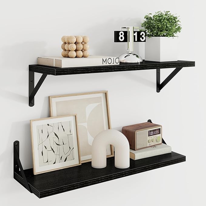 Dreamland Wall Shelves Long, 24W x 8D Wall Mounted Shelves Set of 2, Wide Display Ledge Shelf with Sturdy Metal Brackets for Living Room, Bathroom, Bedroom and Kitchen, Black