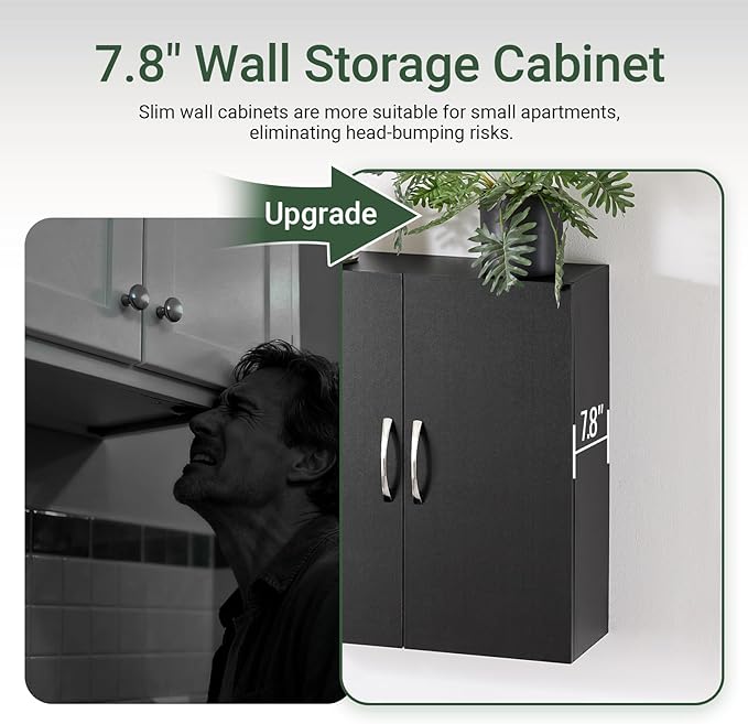 SoBuy Black Bathroom Wall Cabinet, Over The Toilet Storage Cabinet, Small Wall Mounted Medicine Cabinet with Adjustable Shelf, Narrow Floating Cabinet for Laundry Room Kitchen Entryway, BZR200-T-SCH