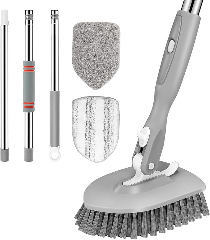 SetSail Floor Scrub Brush, 3-In-1 Tile Tub Floor Scrubber with 52-inch Adjustable Long Handle Shower Cleaner Brush and 3 Detachable Replacement Brush Heads for Cleaning Bathroom Kitchen Tub Tile, Grey