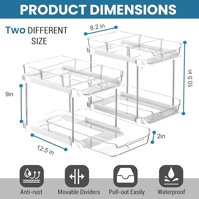Bathroom Organizers And Storage – With Multipurpose Holder, 2 Sets of 2 Tiers Stackable Under Sink Bathroom Drawer Organizer Multi-Purpose Pantry Organizer And Kitchen Organization With Dividers