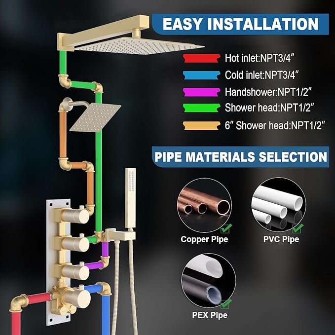 Enga Thermostatic Dual Shower System, 12"+6" Wall Mount Dual Rain Shower Faucet, All Functions Use Together & Volume Adjustable, Brushed Gold