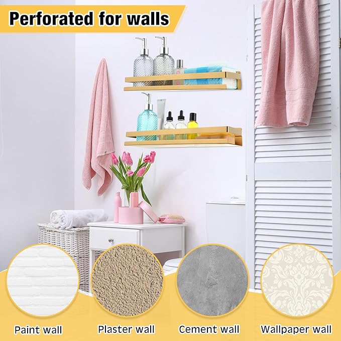 Lallisa 2 Pieces Stainless Steel Shelf Bathroom Shower Floating Shelves Wall Mounted Shower Caddy Basket Shelf Storage Organizer Shelves for Bathroom, Kitchen, Living Room (15.75 Inch/ 40 cm,Gold)