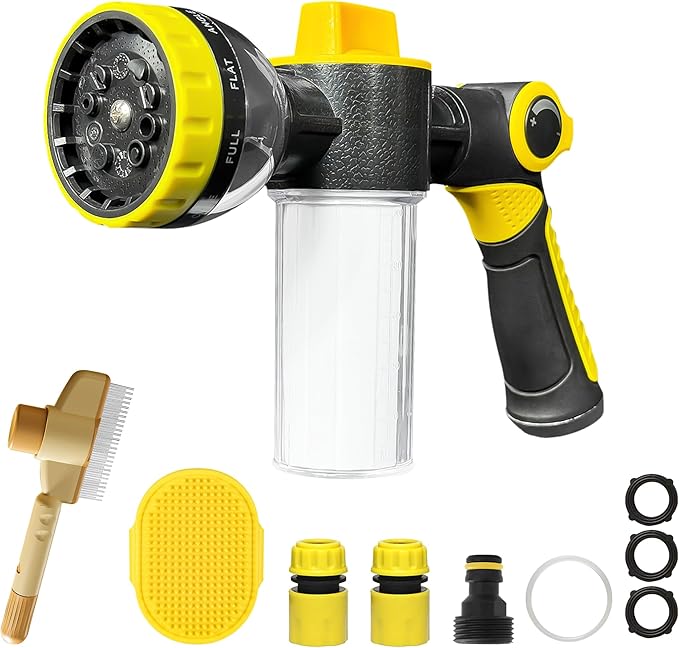 Dog Wash Hose Attachment, 10-in-1 Spray Mode Pet Shower Soap Sprayer with Grooming Comb Rubber Brush, Hose Nozzle with 100cc Soap Dispenser, for Watering, Car Wash, Dog and Horse Showering (Yellow)
