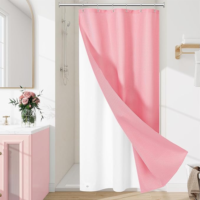 3 in 1 Stall Half Size Pink Shower Curtain Set-36 W x 72 H, Modern Waffle Waterproof Fabric and PEVA Liner Set with Stainless Steel Hooks