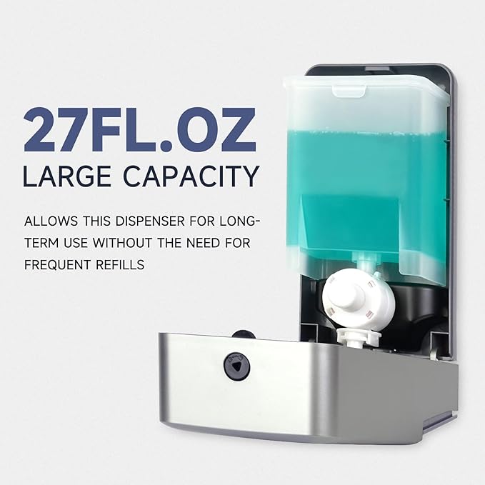 AIKE Wall Mount Liquid Soap Dispenser for Commercial Bathroom 27oz Large Capacity Manual Push Pump Silver