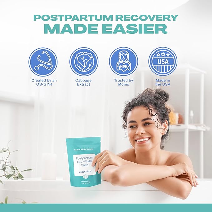 CaboCréme Postpartum Sitz + Bath Salts – 24oz – Postpartum Bath Soak for Perineal Care, Healing Tears, Swelling & Hemorrhoids – Dead Sea Salt with Magnesium, Arnica, Calendula + Cabbage Extract