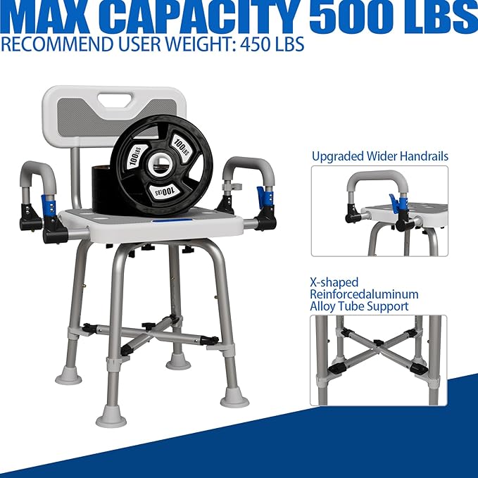 Shower Chair for Seniors Elderly Handicap Disabled Or Bariatric Adults Heavy Duty 500 Lbs Bench Seat for Inside Shower Stall and Bathroom Bath Tub with Arms and Back Adjustable Stool Chairs