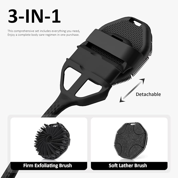 3PCS Extender Handle Set,17in Lengthen Detachable Long Handle Back Brush*1,Silicone Body Scrubber for Gentle Exfoliating and Massage Can Produce Rich Foam*2,Long Handle Back Scrubber for Men (Black)