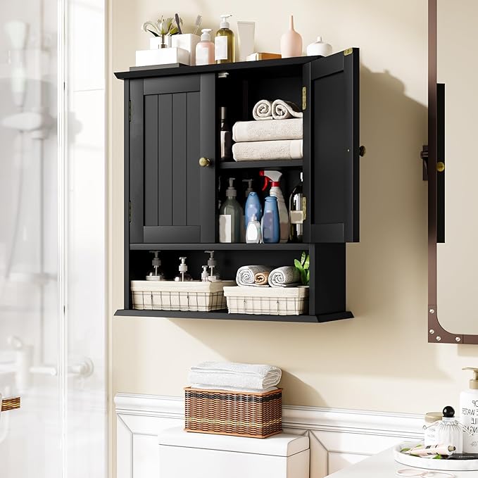 Bathroom Wall Cabinet, Bathroom Cabinet Wall Mount with 2 Doors and Open Shelf, Over The Toilet Wall Storage, Wooden Medicine Cabinets