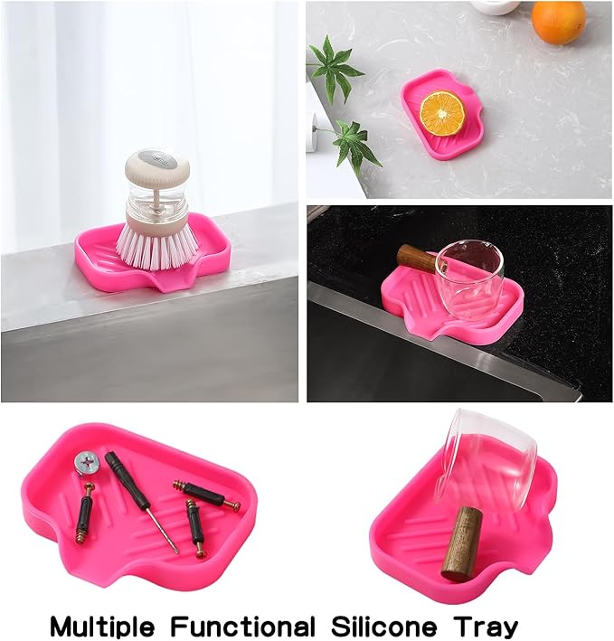 Silicone Bathroom Soap Dishes with Drain Spout-Bathroom and Kitchen Sink Organizer,Sponge Holder,Dish Soap Tray,Perfect for Dispenser,Scrubber,Bottle,Cup on Sink or Counter-Rose 4.9"×3.2"